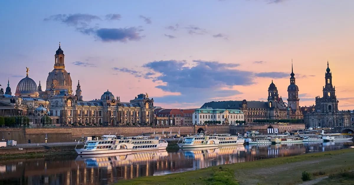 Dresden skyline with Frauenkirche and Elbe river at golden hour