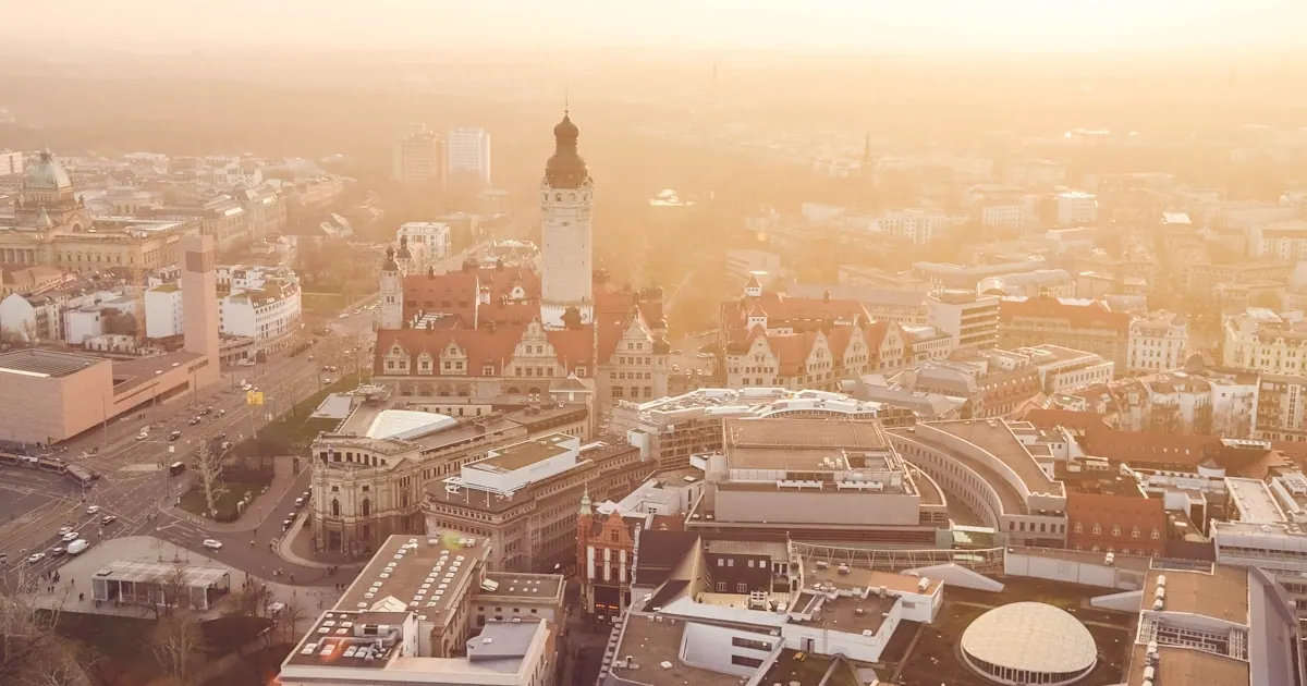 Leipzig skyline at golden hour with the New Town Hall tower